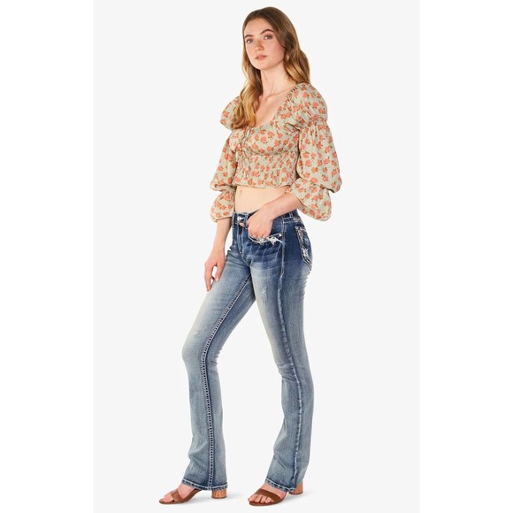 Grace in LA Women's Embroidered Boarder Distressed Pocket Bootcut Stretch Jeans - Picture 3 of 6